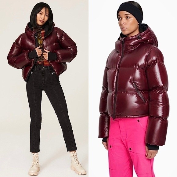 AZTECH MOUNTAIN Burgundy Maroon High Shine Cropped Hooded Ski Snow Puffer Coat S - Picture 1 of 13